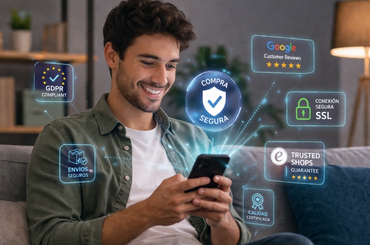 Hombre joven sentado en un sofá sonriendo con confianza muestra que su móvil muestra sellos de confianza y seguridad