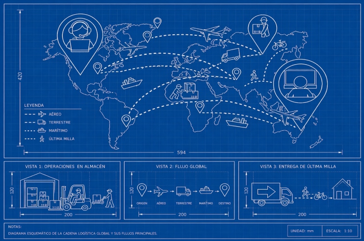 Imagen del flujo completo de un operador logístico, muestra como optimizar procesos, reducir costes y mejorar la experiencia del cliente.