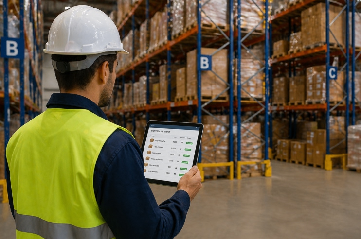 Hombre con ropa de trabajo controla un stock con una tableta gráfica